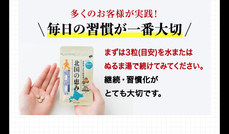 多くのお客様が実践！一番オススメの飲み方 3粒(目安)を就寝前に水またはぬるま湯で飲むのがオススメ！朝、起きるのが楽しみに！