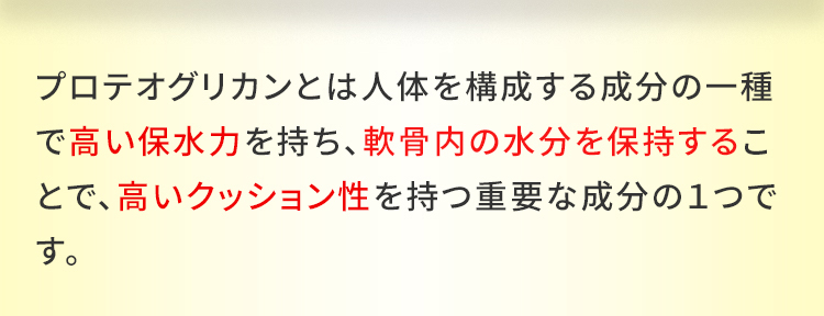 プロテオグリカンとは軟骨を構成する成分の一種で高い保水力を持ち、軟骨内の水分を保持することで、高いクッション性を持つ重要な成分の1つです。