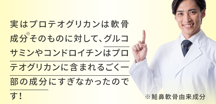 実はプロテオグリカンは軟骨成分そのものに対して、グルコサミンやコンドロイチンはプロンテオグリカンに含まれるごく一部の成分にすぎなかったのです！