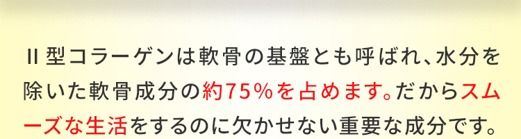 2型コラーゲンは軟骨の基盤とも呼ばれ。水分を除いた軟骨成分の約75％を占めます。だからスムーズな生活をするのに欠かせない重要な成分です。