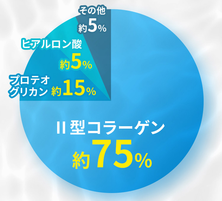 2型コラーゲン 約75％ プロテオグリカン 約15％ ヒアルロン酸 約5％ その他 約5％